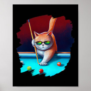 Poster Gato Jogando Piscina Bilhar No Salão Legal Engraça