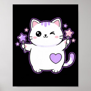 Poster Gato Kawaii Piscando Varinha Mágica Estrela, Gato