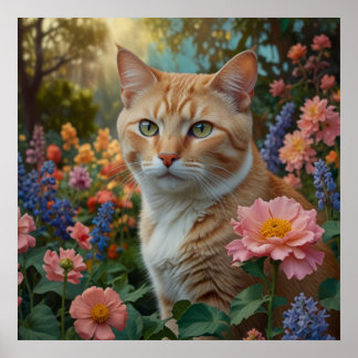 Poster Gato laranja branco bonito em jardim floral