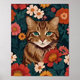 Poster Gato Laranja com flores silvestres coloridas