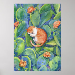 Poster Gato Laranja Dormindo Entre Cactos de Pera Espinho