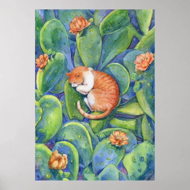 Poster Gato Laranja Dormindo Entre Cactos de Pera Espinho (Frente)