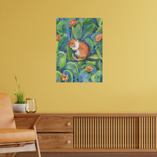 Poster Gato Laranja Dormindo Entre Cactos Floridos Arte R