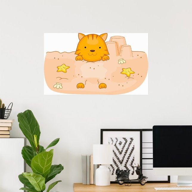 Poster Gato Laranja em Cena de Praia com Castelo de Areia (Criador carregado)