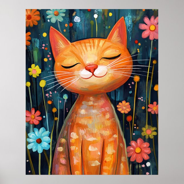 Poster Gato Laranja Feliz Flores Caprichosas (Frente)