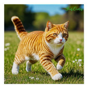 Póster Gato Laranja Malhado Realista em Prado Ensolarado