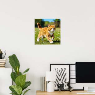 Poster Gato Laranja Malhado Realista em Prado Ensolarado