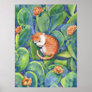 Poster Gato Laranja Sonolento Entre Cactos Floridos Arte
