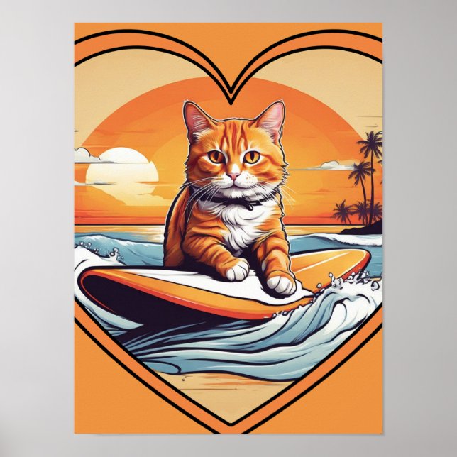 Poster Gato Laranja Surfando (Frente)