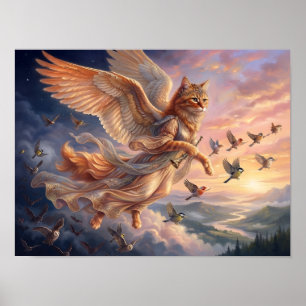 Poster Gato Laranja Tabby Alado   Arte Divertida de Anima