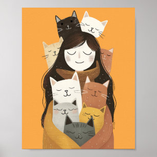 Poster Gato Louco e Preguiçoso com Gatos Bonitos Amarelo