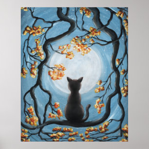 Poster Gato lunático na pintura da Lua cheia da árvore