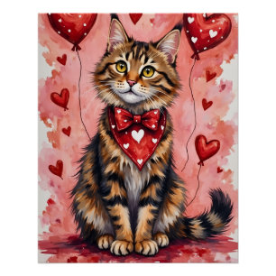 Póster Gato Maine Coon no Dia dos Namorados Sentado com C