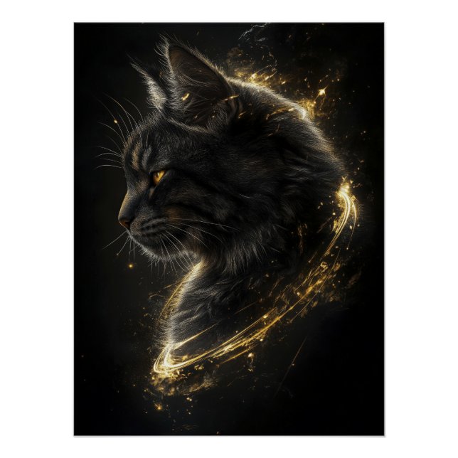 Póster Gato Majestoso com uma Aura Ouro nas Sombras (Frente)