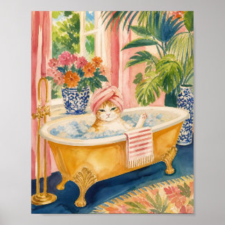 Poster Gato Maximalista de Chinoiserie na Hora do Banho