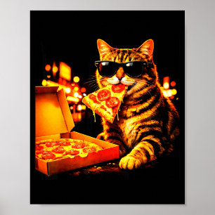 Poster Gato meme engraçado com óculos de sol come pizza