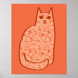 Póster Gato moderno do meio século, alaranjado e branco