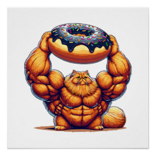 Póster Gato Musculoso Levantando Donut