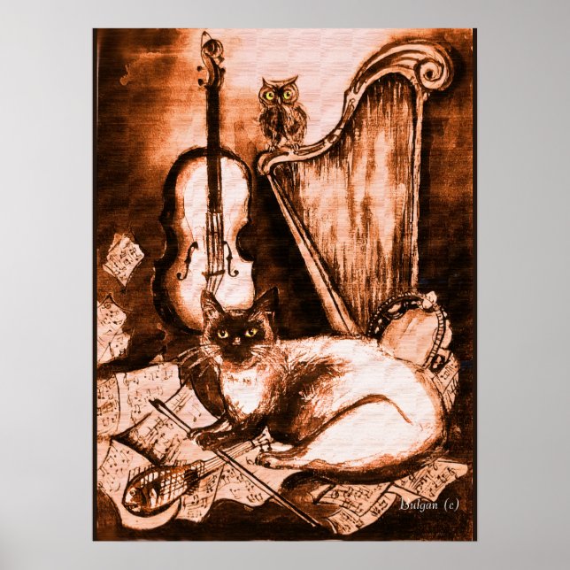 Póster GATO MUSICAL E CORUJA, Marrom e Branco (Frente)