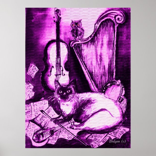 Póster GATO MUSICAL ,Roxo e Branco (Frente)
