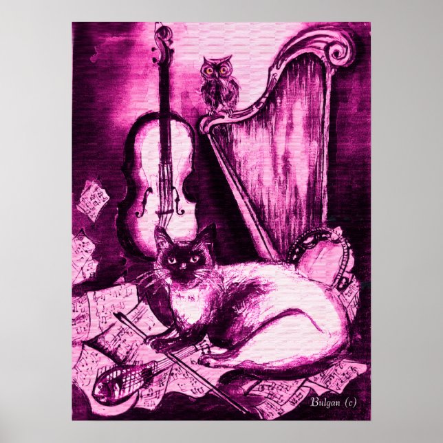Póster GATO MUSICAL ,Roxo Violeta e Branco (Frente)