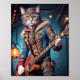 Poster Gato músico vestido com roupa steampunk azul tocan