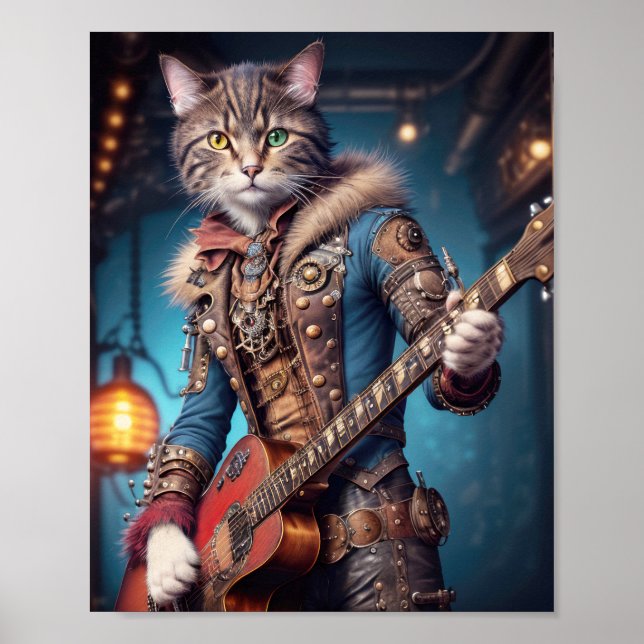 Poster Gato músico vestido com roupa steampunk azul tocan (Frente)