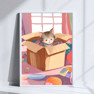 Poster Gato na Caixa de Papelão Arte de Gato Aquarela d