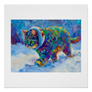 Póster Gato na Neve Usando Protetores de Ouvido