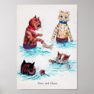 Poster Gato Nadando na Praia, Louis Wain.