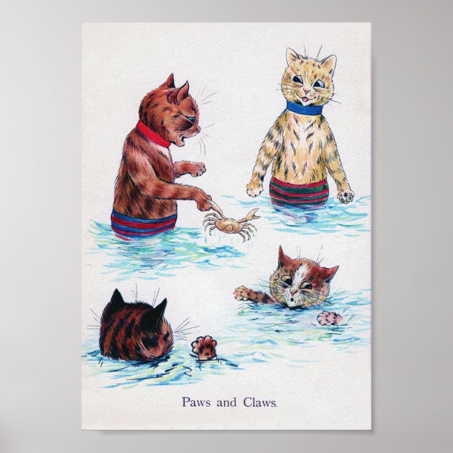 Poster Gato nadando na praia, Louis Wain. (Frente)