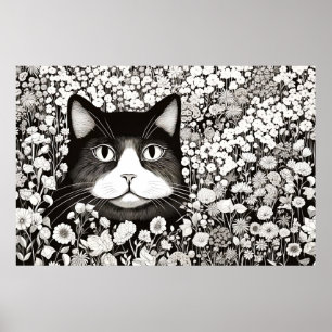 Poster Gato Natureza Pacífica Estilo de Desenho de Prairi