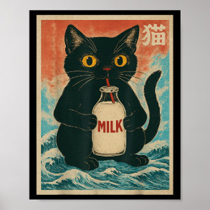 Poster Gato Negro Beba Leite Carton Anime Japonês Engraça