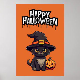Poster Gato Negro Bonito Com Pumpkin Jack O Lanterna