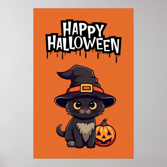Poster Gato Negro Bonito Com Pumpkin Jack O Lanterna (Frente)