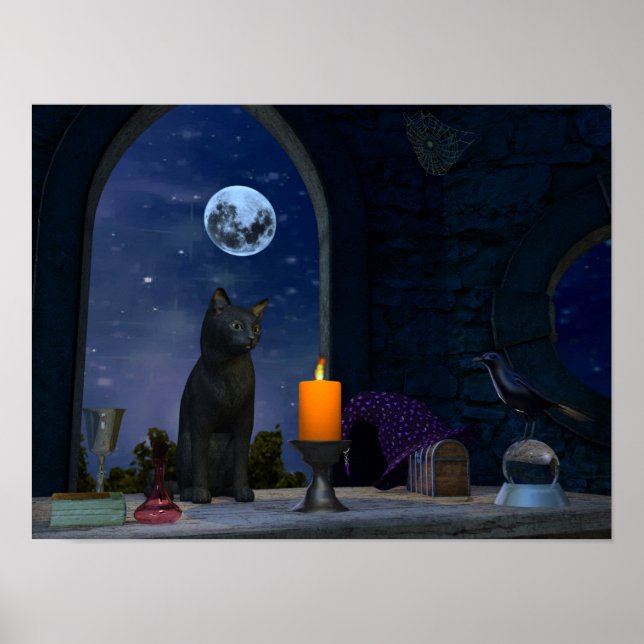 Poster Gato Negro Bonito Olhando para uma Vela (Frente)