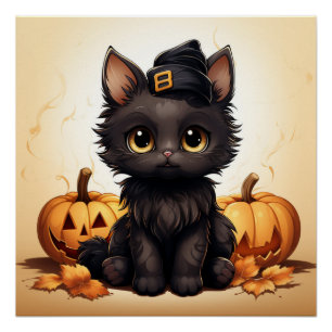 Póster Gato Negro Bonito vestindo um chapéu preto com Pum