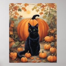 Poster Gato Negro com Abóbora de Halloween