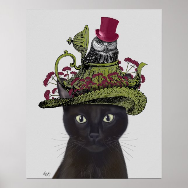Poster Gato Negro com Bule e Coruja (Frente)