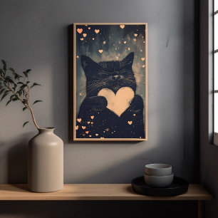 Poster Gato Negro com Coração Ouro - Amor Louco de Gato