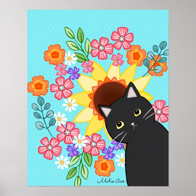 Poster Gato Negro com Girassol Brilhante Arte Gato Colori (Frente)