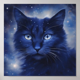 Poster Gato negro com olhos azuis sobre fundo estrelado