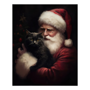 Póster Gato Negro com Papai Noel Natal Festivo