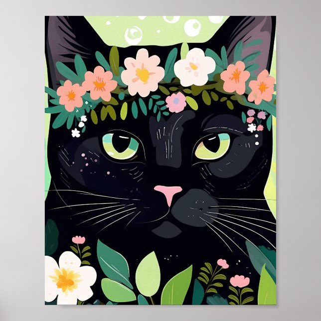 Poster Gato negro com uma coroa floral (Frente)