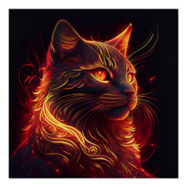 Póster Gato Negro Com Vermelho Fogo E Ouro Aura Brilhante