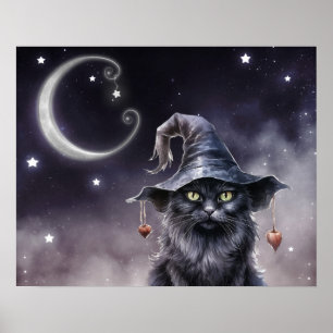 Poster Gato Negro de Halloween Vestindo um Chapéu de Brux