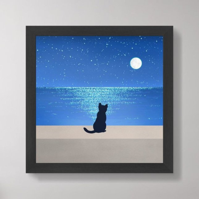 Poster Gato negro debaixo da lua de cheio estrelado noite (Black cat under full moon starry night)