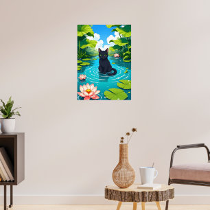 Poster Gato negro em um lago lírio
