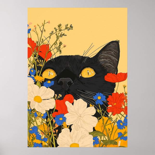 Poster Gato Negro Escondendo Entre Flores (Frente)