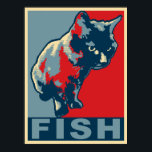 Poster Gato Negro Faminto por Peixe - Vermelho e Azul Pop<br><div class="desc">Ilustração original da minha gata negra Mona,  que nunca está satisfeita até conseguir o que quer - peixe. Este gato faminto é ilustrado no estilo ousado do poster da "esperança".</div>